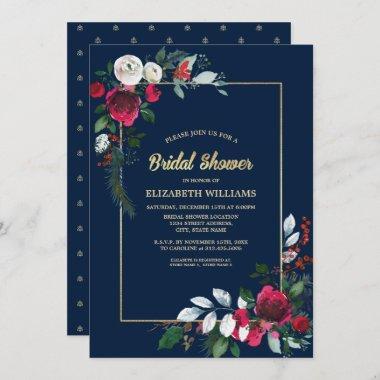 Navy Blue Burgundy Floral Bridal Shower Invitations