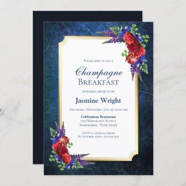 Navy Blue Burgundy Floral Champagne Breakfast Invitations