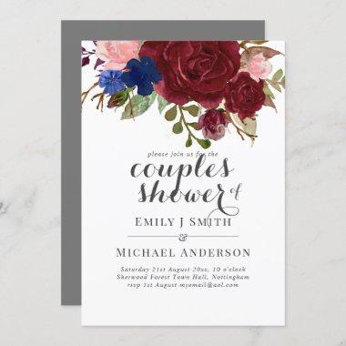 Navy Blue Burgundy Floral Couples Shower Invitations