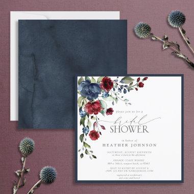 Navy Blue Burgundy Floral Watercolor Bridal Shower Invitations