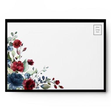 Navy Blue Burgundy Floral Watercolor Envelope