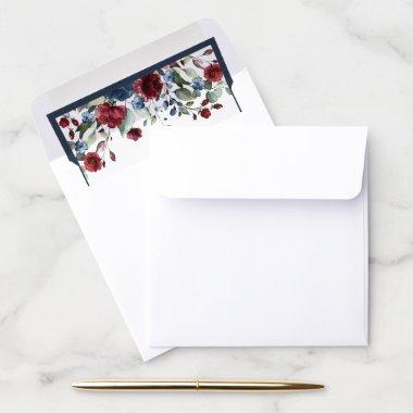 Navy Blue Burgundy Floral Watercolor Envelope Liner