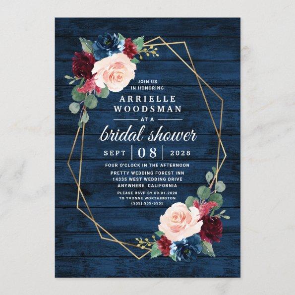 Navy Blue Burgundy Gold Blush Pink Bridal Shower Invitations