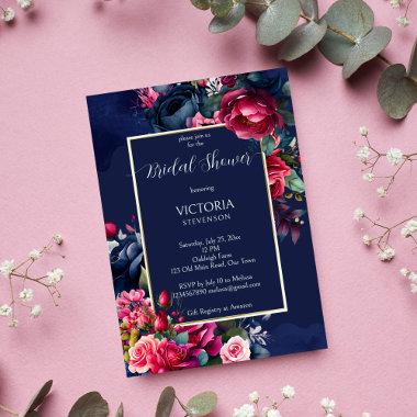 Navy blue burgundy pink roses bridal shower Invitations