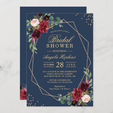 Navy Blue Burgundy Red Floral Modern Bridal Shower Invitations