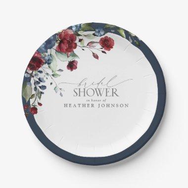 Navy Blue Burgundy Watercolor Floral Bridal Shower Paper Plates