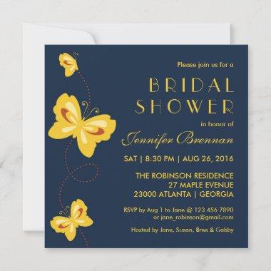 Navy Blue Butterfly Swirl Bridal Shower Invitations