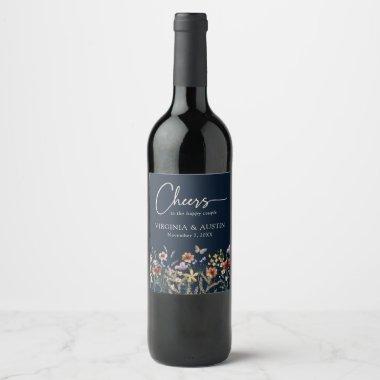 Navy Blue Cheers Floral Wedding Wine Label