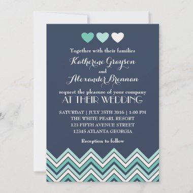 Navy Blue Chevron Pattern Wedding Invitations