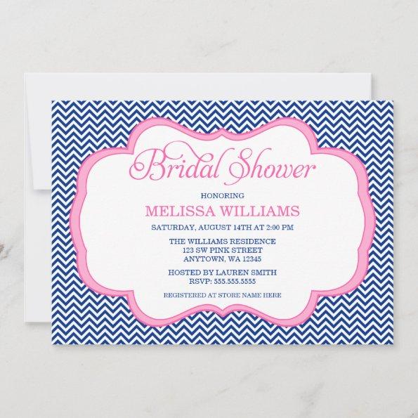 Navy Blue Chevron Pink Frame Bridal Shower Invitations