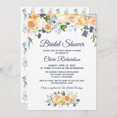 Navy Blue Coral Watercolor Floral Bridal Shower Invitations