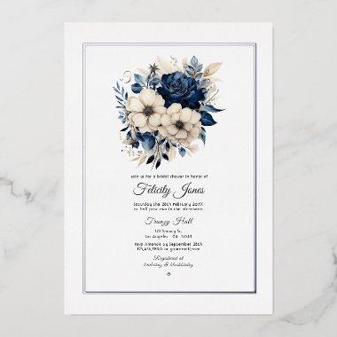 Navy Blue, Cream and Silver Floral  Foil