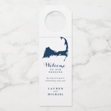 Navy Blue Dennis Cape Cod Map Gold Heart Wedding Bottle Hanger Tag