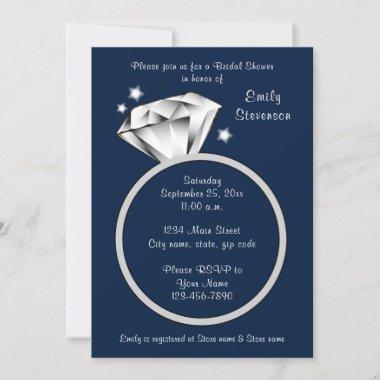 Navy Blue Diamond ring Bridal Shower Invitations