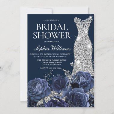 Navy Blue Diamond Wedding Dress Bridal Shower Invitations