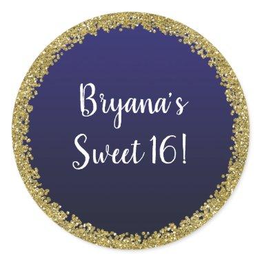 Navy Blue Dipped Gold Glitter Glam Sparkle Party Classic Round Sticker