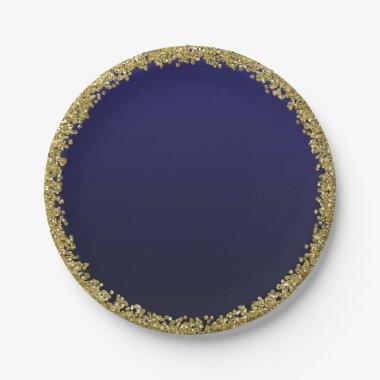 Navy Blue Dipped Gold Glitter Glam Sparkle Party Paper Plates