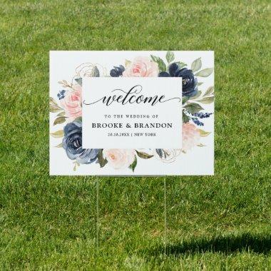 Navy Blue Dusty Blush Pink Floral Wedding Welcome Sign