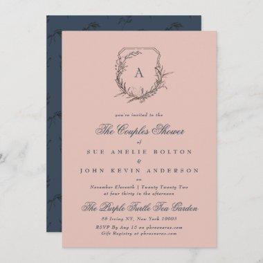 Navy Blue Dusty Rose fig floral monogram couples Invitations