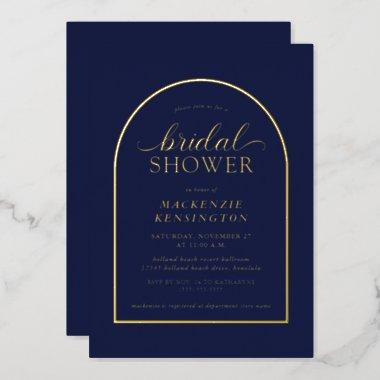 Navy Blue Elegant Arch Terracotta Bridal Shower Foil Invitations