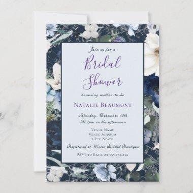 Navy Blue Elegant Floral Bridal Shower Invitations