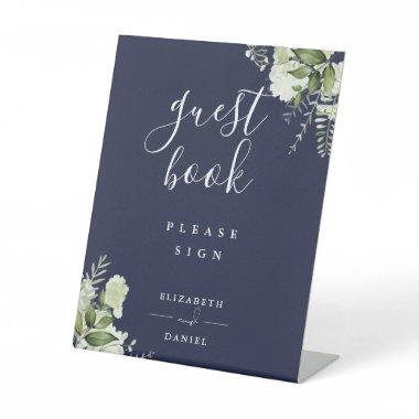 Navy Blue Elegant Floral Greenery Guest Book Pedestal Sign