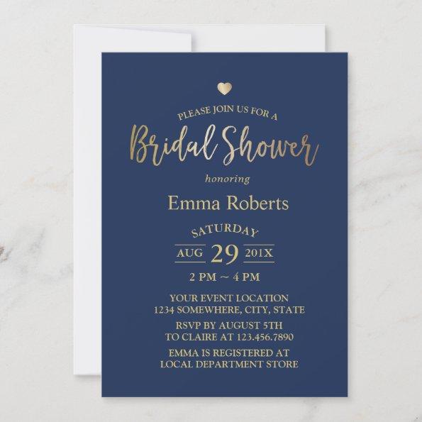 Navy Blue Elegant Gold Heart Bridal Shower Invitations