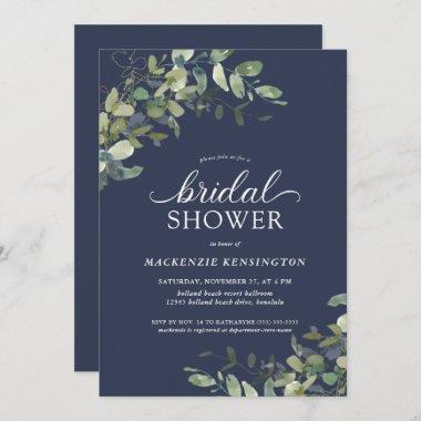 Navy Blue Eucalyptus Greenery Bridal Shower Invitations