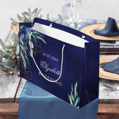 Navy blue eucalyptus greenery bridesmaid wedding large gift bag