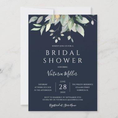 Navy Blue Eucalyptus Greenery Leaves Bridal Shower Invitations
