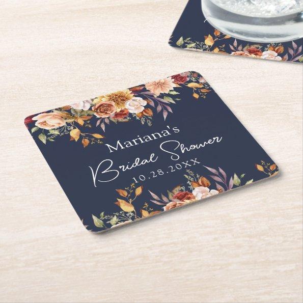 Navy Blue Fall Floral  Square Paper Coaster