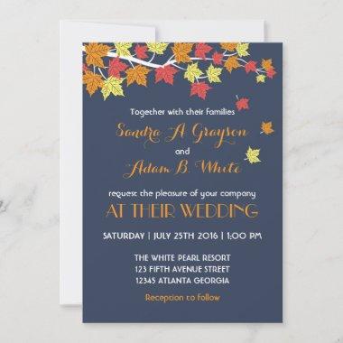 Navy Blue Falling Maple Leaves Wedding Invitations