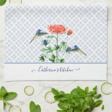 Navy Blue Farm House Floral Watercolor Hummingbird Kitchen Towel