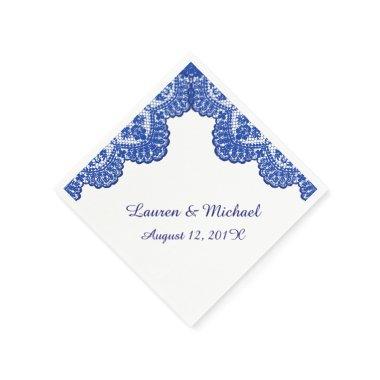 Navy Blue Faux Lace on White Wedding Paper Napkins