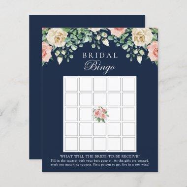 Navy Blue Floral Bridal Shower Bingo Game Invitations