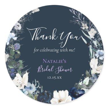 Navy Blue Floral Bridal Shower Thank You Classic Round Sticker