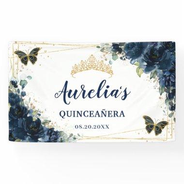 Navy Blue Floral Butterflies XV Welcome Backdrop Banner