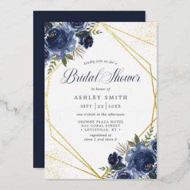 Navy Blue Floral Gold Geometric Bridal Shower Foil Invitations