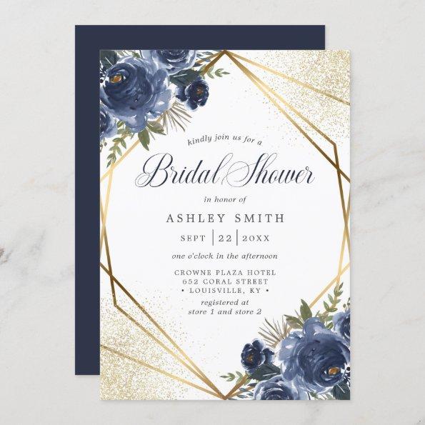 Navy Blue Floral Gold Geometric Bridal Shower Invitations