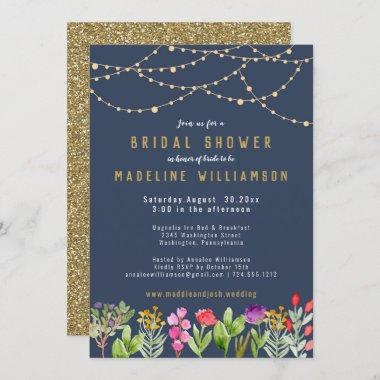 Navy Blue Floral & Gold Lights Bridal Shower Invitations