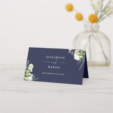 Navy Blue Floral Greenery Wedding Folded Place Invitations