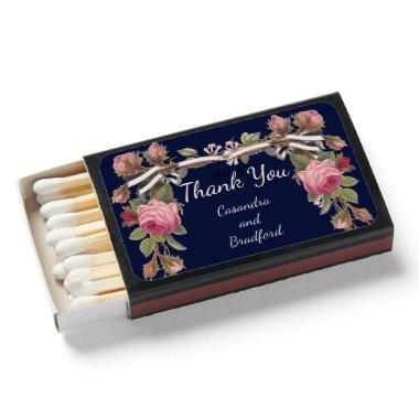 Navy Blue Floral Pink roses watercolor bride groom Matchboxes