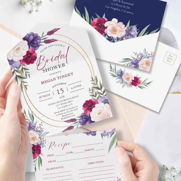 Navy Blue Floral Recipe Bridal Shower Invitations