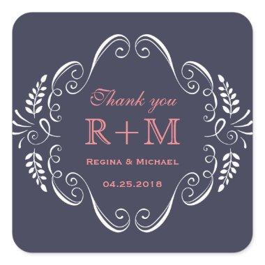 Navy Blue Floral Swirl Curl Wedding Favor Sticker