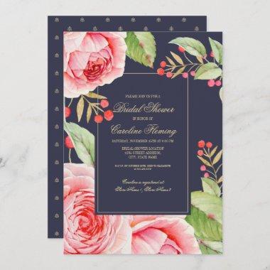 Navy Blue Floral Watercolor Bridal Shower Invitations