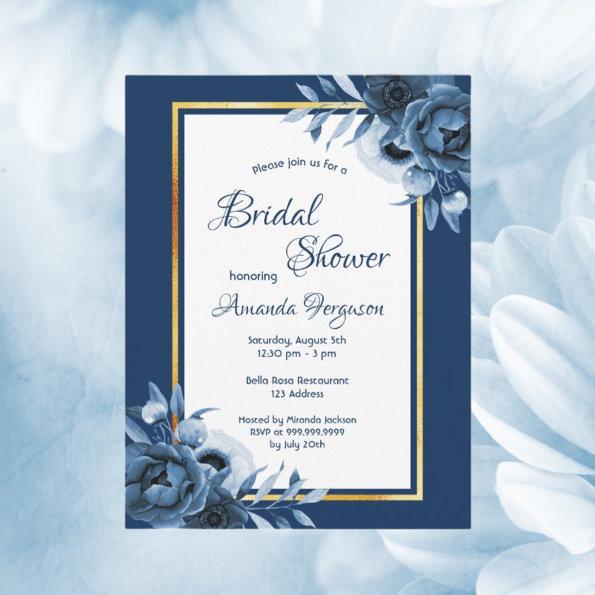 Navy blue florals gold bridal shower invitation postInvitations