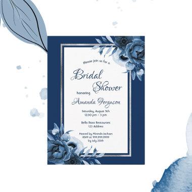 Navy blue florals silver bridal shower invitation postInvitations