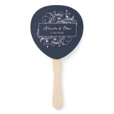 Navy Blue Flourish Wedding Favor Hand Fan