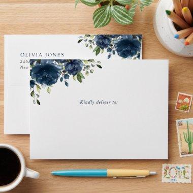 Navy Blue Flowers, Greenery, Boho,  Envelope