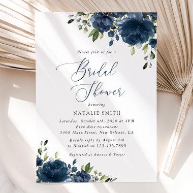 Navy Blue Flowers, Greenery, Boho, Bridal Shower Invitations